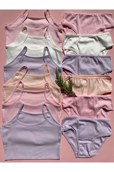 LEYNA BUTİK 6 Pieces Corded Cotton Undershirt and Panty Set for Girls - With Rope Strap