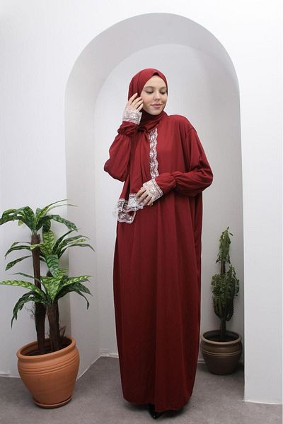 ALLURİNG Self-Head Scarf Lace Women's Prayer Dress
