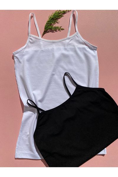 LEYNA BUTİK Cotton Lycra 2 Pieces Oval Collar Rope Strap Women's Athlete (Black-White)