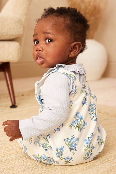 Next Baby 100% Cotton Blue Floral Patterned Salopet Bodysuit Set