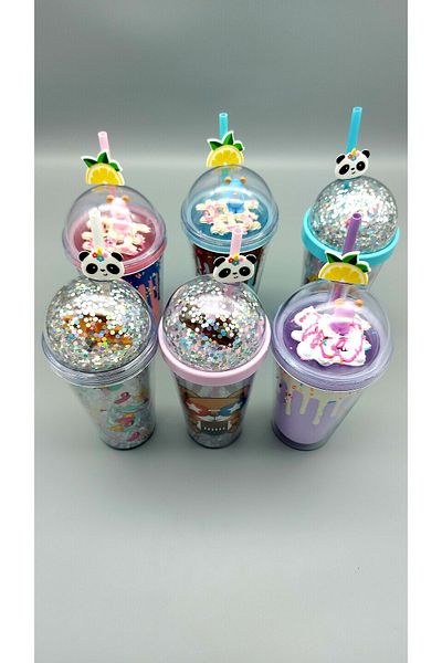 KRD Home Double Wall Glitter Fiberous Leak Proof Cup with Straw