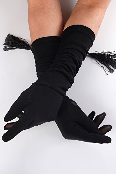 Limelia Siyah Düz Mat Saten Gelin Eldiveni