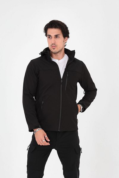 Camp Scoutland Camp457 Outdoor Softshell Ανθεκτικό στο νερό και τον άνεμο Fleece Inside Mobile Hooded Ανδρικό μαύρο παλτό τακτικής