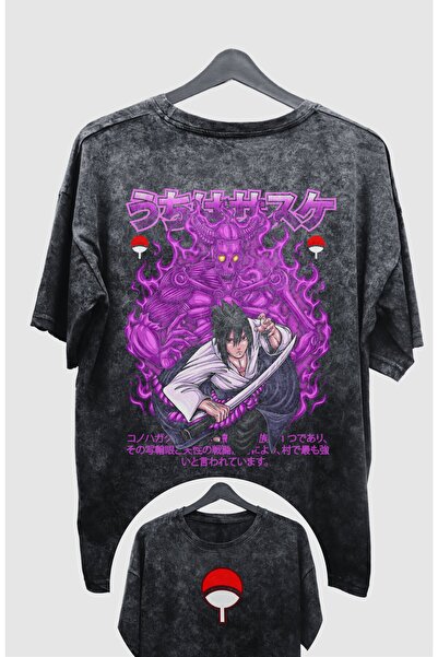 Fuddy Moda Tricou supradimensionat Naruto Sasuke EX2 - Tricou vintage unisex cu imprimeu anime, spalat pe spate