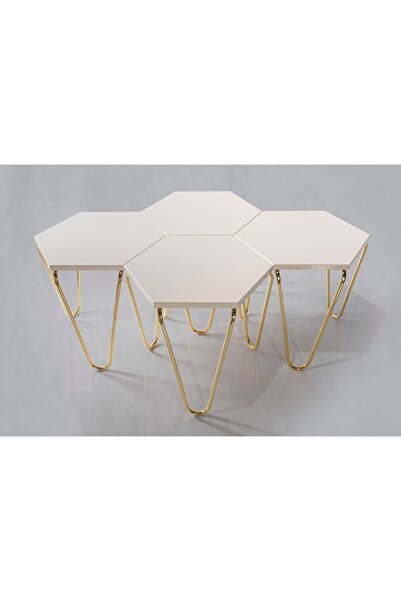 Veys Sehpa 4 Lü Gold Piramit Zigon Sehpa - Krem