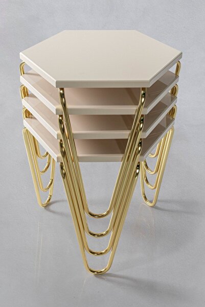 Veys Sehpa 4 Lü Gold Piramit Zigon Sehpa - Krem