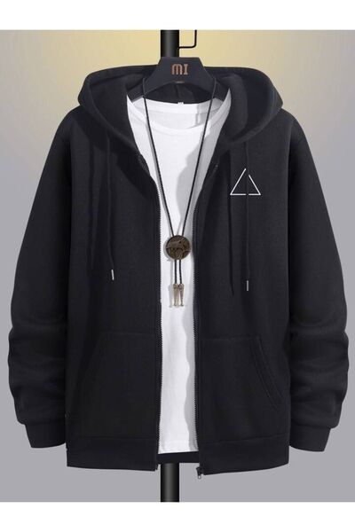 Mella&Co Üçgen Logo Sweatshirt Fermuarlı Hırka - Siyah Baskılı Oversize Cepli...