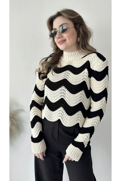 jöns since 1997 Pulover de damă cu model ondulat, negru, ajurat