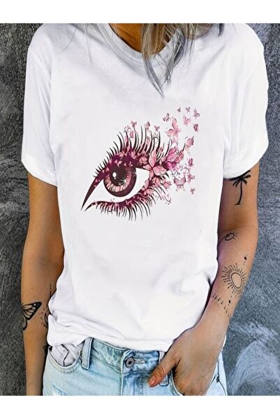 CLASSY.MODA تي شيرت أبيض كبير الحجم مطبوع - رقبة دائرية، كم قصير