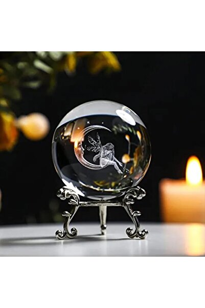 hediyesahibi Dekoratif Metal Ayaklı Ay Yüzlü Melek  Tasarımlı 3D Cam Küre 6cm