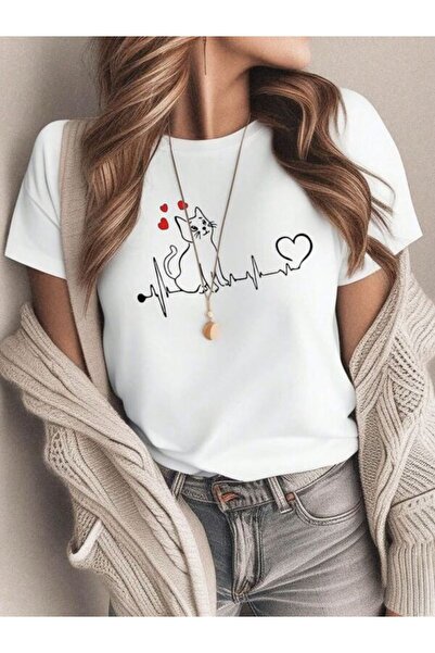 classy moda Μπλουζάκι με λευκή στάμπα Oversize - Crew Neck, κοντό μανίκι