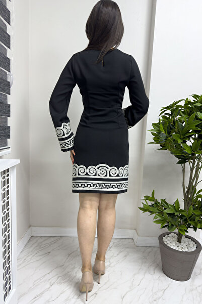 zks grup tekstil Kadın Uzun Kollu Nakış İşlemeli Elbise Bej, Siyah