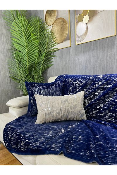 Paris Life Navy Blue Rabbit Plush Sofa Cover and Shawl - Silver Foil Printed