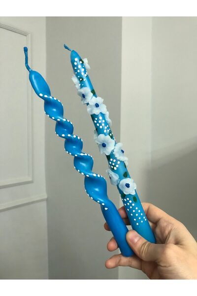 Elif Design Mavi çiçekli şamdan mum seti / el boyaması kokulu mum
