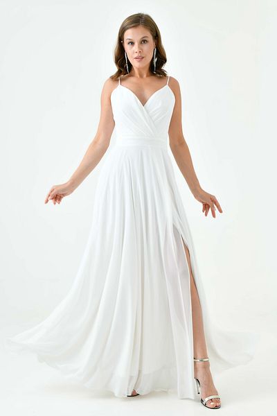 lovebox Weißes Maxi-Abendkleid – Zweireihiger Kragen und Schlitz Chiffon 1524