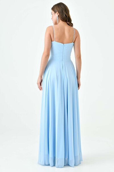 lovebox Kadın Astarlı Şifon Kumaş Kruvaze Yaka Yırtmaçlı Maxi Boy Bebe Mavi Abiye Elbise 1524