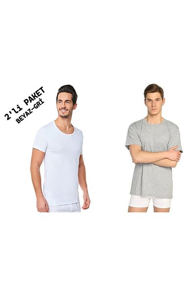 Seher Yıldızı Men's Crew Neck Set of 2 White Gray Undershirts