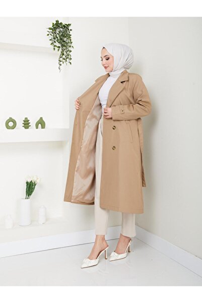 KMKkombin KADIN ASTARLI  BÜYÜK BEDEN MEVSİMLİK DÜĞMELİ KUŞAK DETAYLI YENİ SEZON TRENÇ KOT