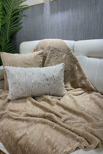 Paris Life Milky Brown Rabbit Plush Gold Foil Printed Sofa Cover and Shawl