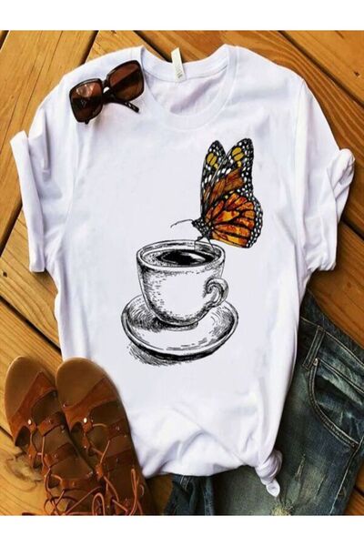 CLASSY.MODA Μπλουζάκι με λευκή στάμπα Oversize - Crew Neck, κοντό μανίκι