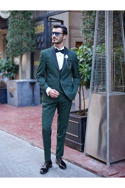 LONATOLİA Men's Tuxedo Groom Suit Shawl Collar Italian Cut Slim Fit Jacket Vest Pants Bow Tie-Green