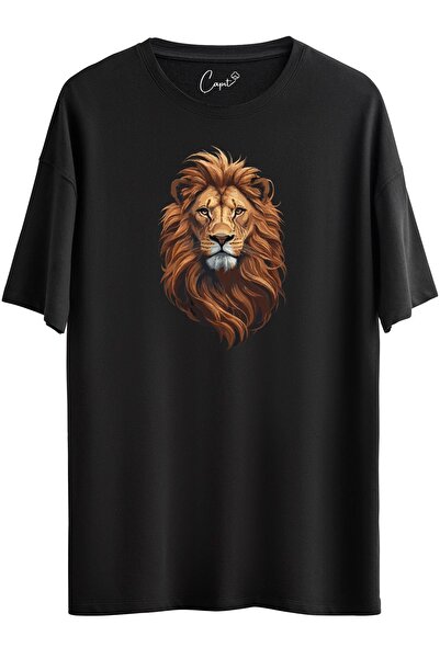 Çapıt Tricou negru oversize din bumbac cu imprimeu Leu - Maneca scurta