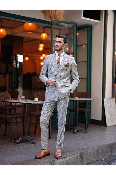 LONATOLİA Men's Plaid Double Breasted Suit Italian Cut Slim Fit Jacket Trousers -Milk Coffee
