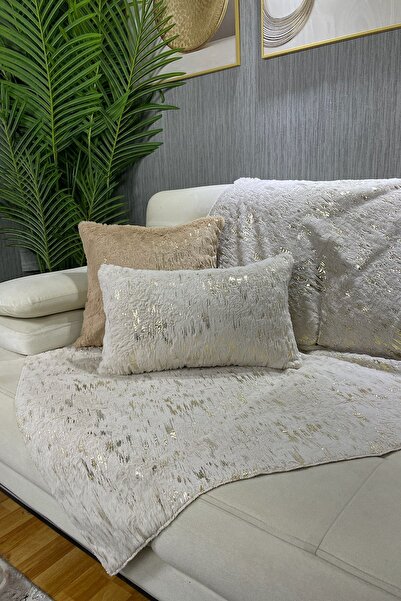 Paris Life Tavşan Peluş Gold Varak Baskılı Koltuk Örtüsü & Şalı  - Krem