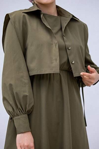 Swana Hijab Clothing Women's Double Dress - Pocket Detailed, Khaki