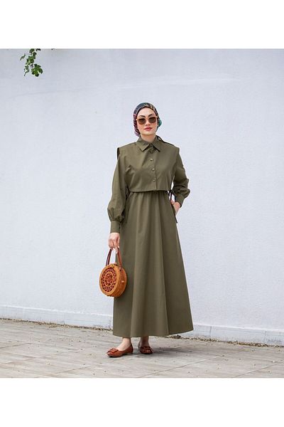 Swana Hijab Clothing Women's Double Dress - Pocket Detailed, Khaki