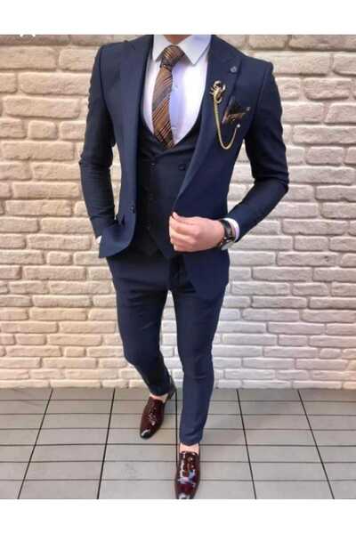 Tempee Slim Fit Yelekli Takım Elbise (Kravat & Yaka Süsü hediyeli)