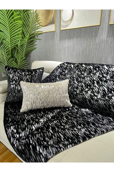 Paris Life Black Rabbit Plush Silver Gilded Sofa Cover and Shawl