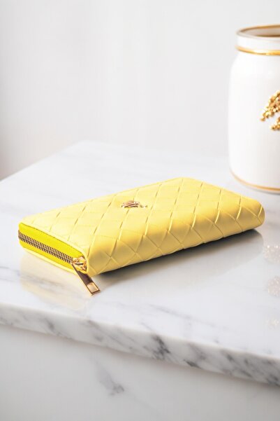 dericom Kadın Kapitone Desen Fermeuarlı Büyük Boy Portföy Sarı Cüzdan Aksesuar