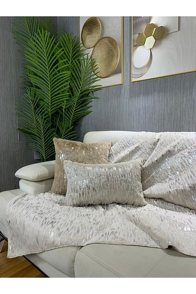 Paris Life Rabbit Patterned Plush Sofa Cover and Shawl - Silver Foil Printed, Cream