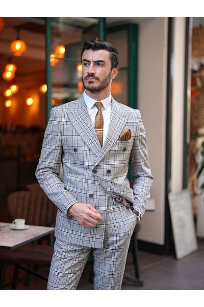 LONATOLİA Men's Plaid Double Breasted Suit Italian Cut Slim Fit Jacket Trousers -Milk Coffee