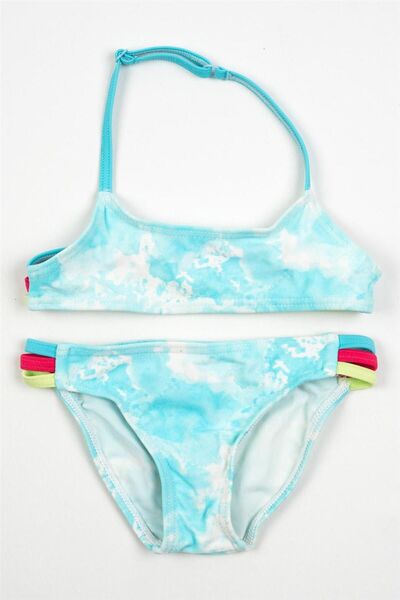 Adisia Simala Kız Bebek Turkuaz Beyaz Desenli Bikini Ipli Takım