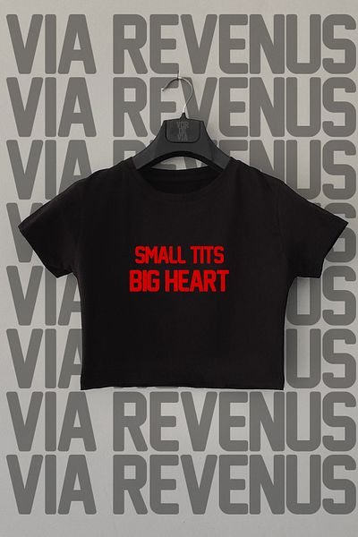 Vordevia Black Lycra Crop - Small Tits Big Heart Printed, Crew Neck