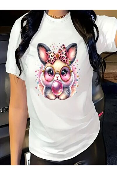 CLASSY.MODA Μπλουζάκι με λευκή στάμπα Oversize - Crew Neck, κοντό μανίκι