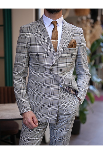 LONATOLİA Erkek Ekoseli Kruvaze Takım Elbise İtalyan Kesim Slim Fit Ceket Pantolon -Sütlü Kahve