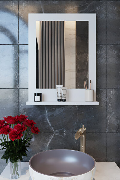 meDDex Dex 60x45 cm Beyaz Raflı Banyo Aynası Dresuar Yatak Odası Boy Ayna Mod...