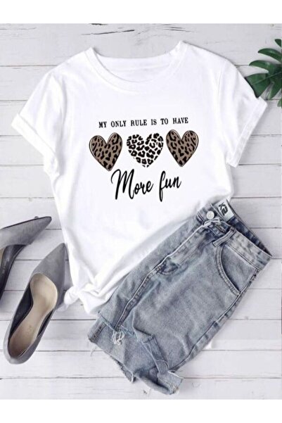 CLASSY.MODA تي شيرت أبيض كبير الحجم مطبوع - رقبة دائرية، كم قصير