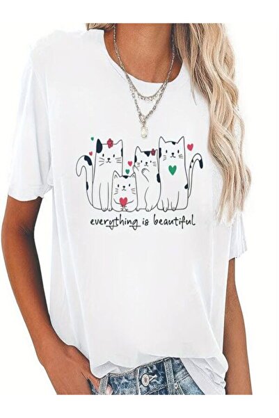 CLASSY.MODA Μπλουζάκι με λευκή στάμπα Oversize - Crew Neck, κοντό μανίκι