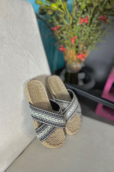 SHOEBELLAS Riri Smoked - Women's Straw Slippers with Cross Stone Detail