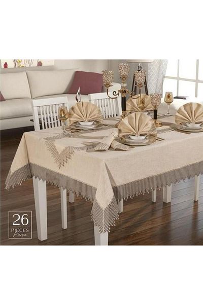 Nevresim Dünyası Anna Karina 26 Pieces - Karin Cappuccino Tablecloth Set