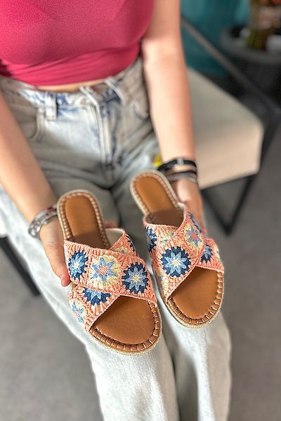 SHOEBELLAS Women's Straw Slippers - Pink Cross Patterned, Milk