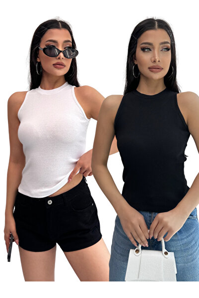 Chicup Дамска плетена блуза в черно и бяло - с деколте тип „халтер“, комплект...