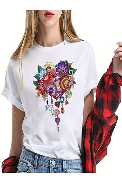 CLASSY.MODA Μπλουζάκι με λευκή στάμπα Oversize - Crew Neck, κοντό μανίκι