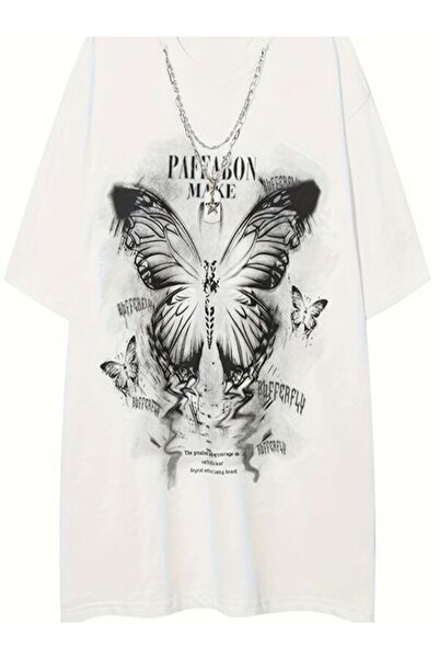 classy moda Single Jersey T-Shirt - White Printed Oversize Crew Neck Short Sl...