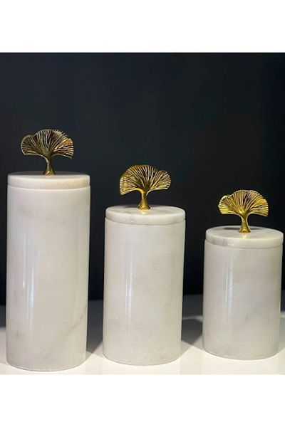 ege gross Decorative White Marble Ginko 3-Piece Spice Bowl Sugar Bowl Jar Set