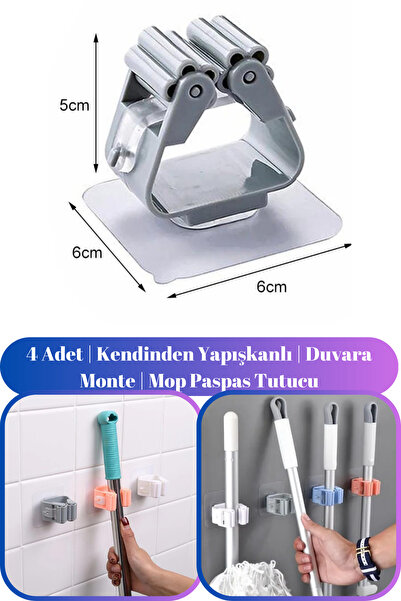 Hane Dostu 4' lü Mop Paspas Tutucu | Kendinden Yapışkanlı | Duvara Monte